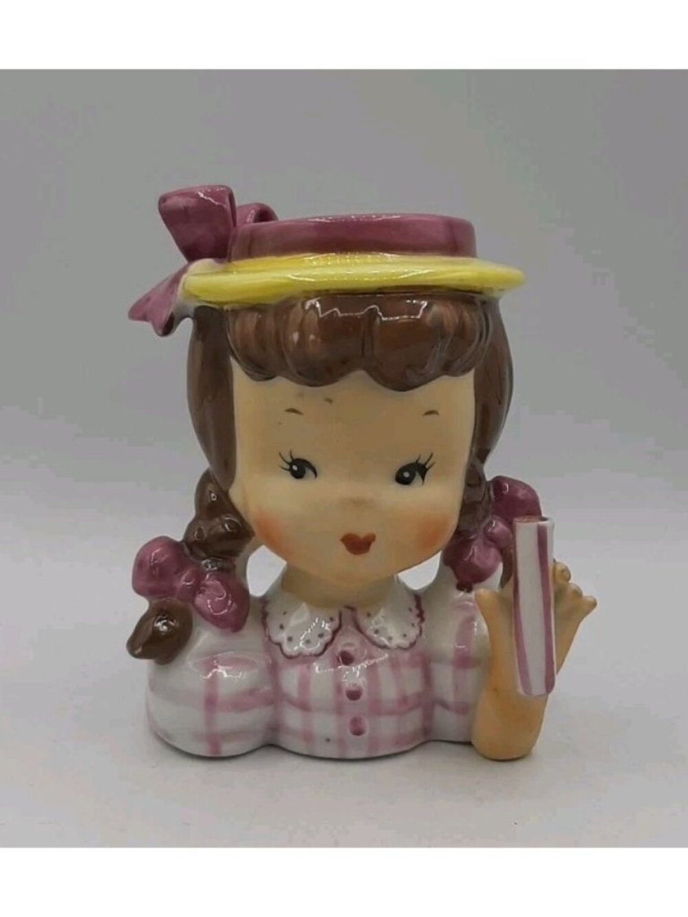 Vintage Napco Girl Head Vase Planter Burnette Pony Tails Purple Bows No Parasol
